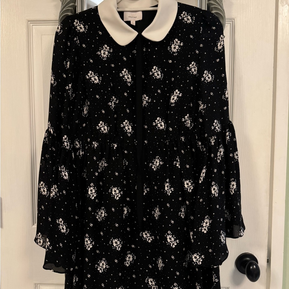 cinq a sept Black and White Floral Mini Dress with White Peter Pan Collar